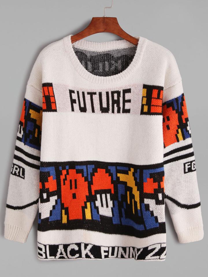 Romwe Drop Shoulder Cartoon Pattern Sweater