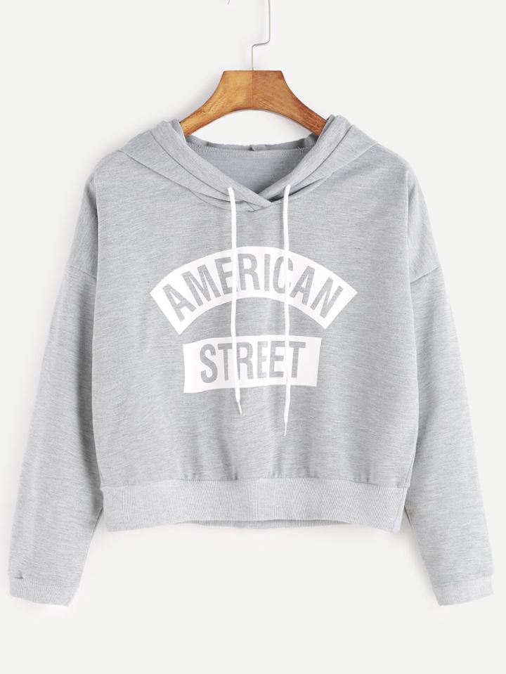 Romwe Grey Hooded Letter Print Crop Sweatshirt