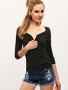 Romwe Black Square Neck Zipper T-shirt