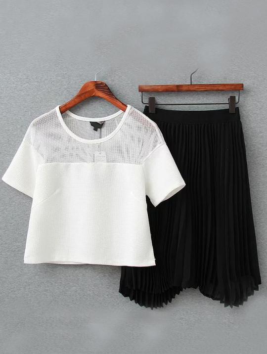 Romwe Contrast Mesh Top With Pleated Skirt