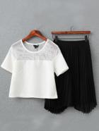 Romwe Contrast Mesh Top With Pleated Skirt