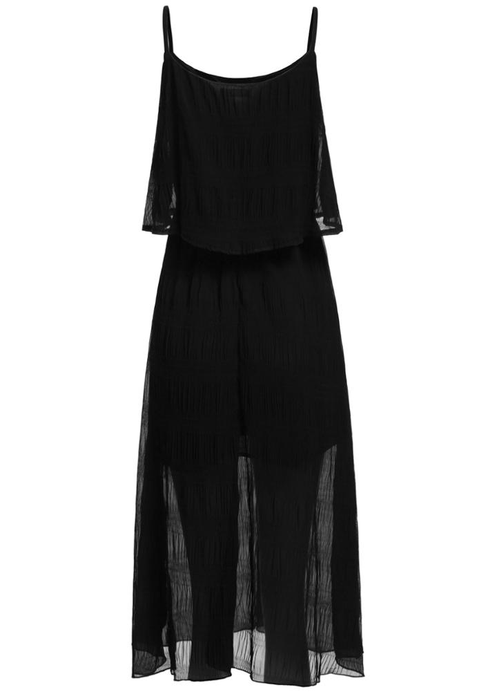 Romwe Spaghetti Strap Chiffon Pleated Black Dress