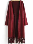 Romwe Open Front Tassel Pockets Wine Red Coat