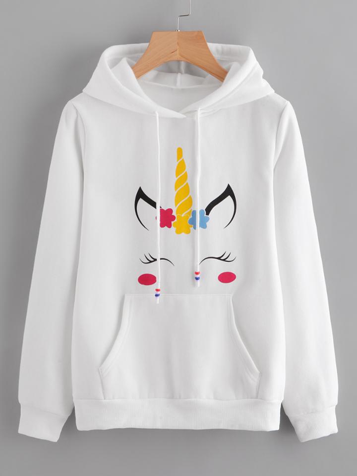 Romwe Unicorn Print Kangaroo Pocket Hoodie