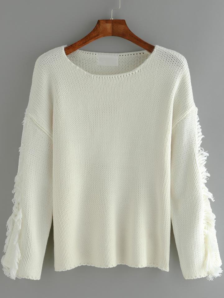 Romwe Women Fringe Loose White Sweater
