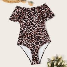 Romwe Removable Strap Leopard Print Flounce One Piece Swimsuit