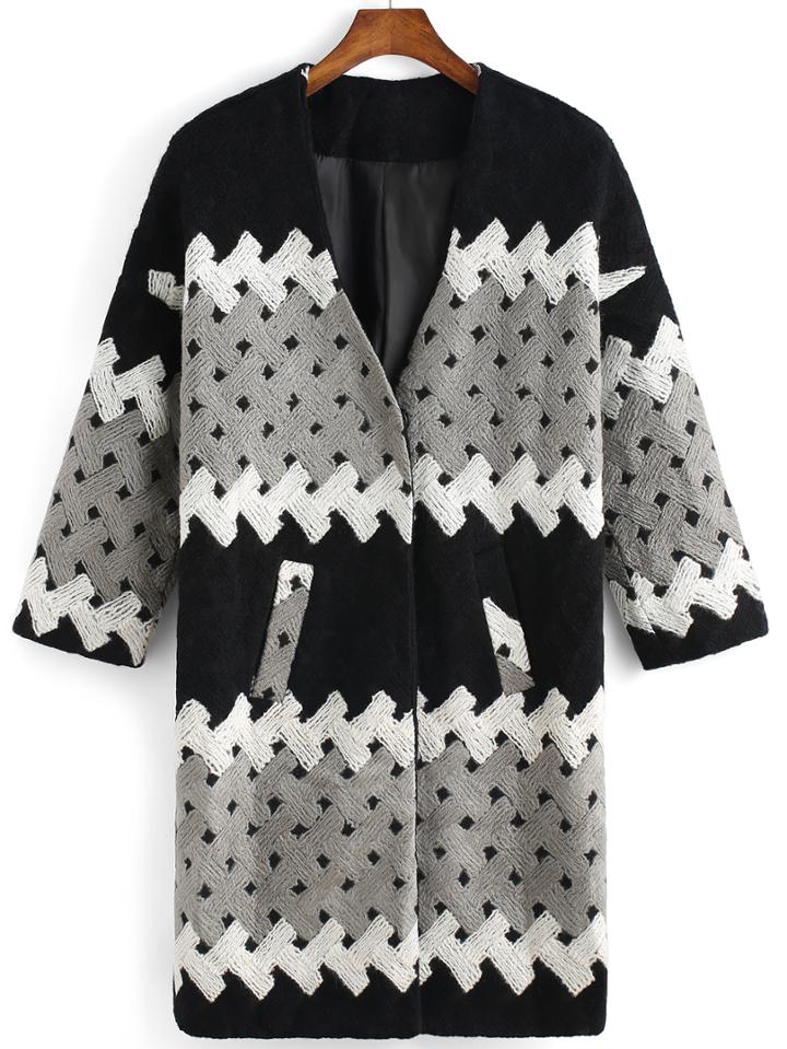 Romwe V Neck Color-block Long Coat