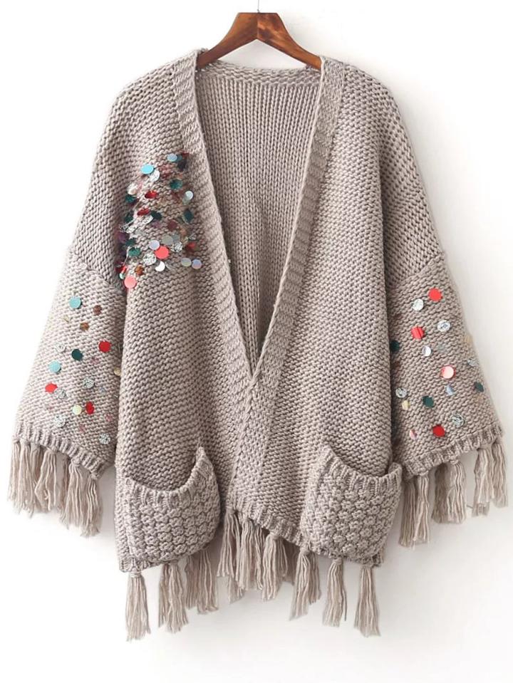 Romwe Light Grey Sequin Fringe Trim Sweater Coat With Pocket