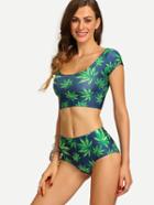 Romwe Leaf Print Crop Rash Guard Swimwear - Blue