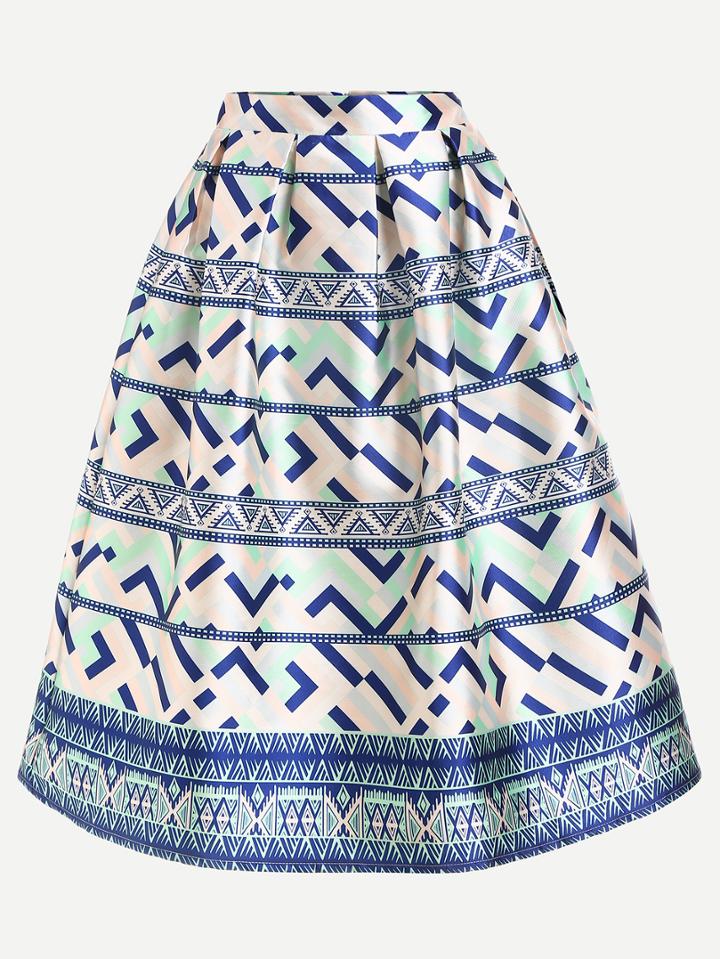 Romwe Geometric Print Box Pleated Midi Skirt - Blue
