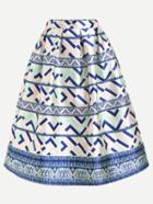 Romwe Geometric Print Box Pleated Midi Skirt - Blue