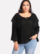 Romwe Lace Crochet Contrast Tie Neck Tee