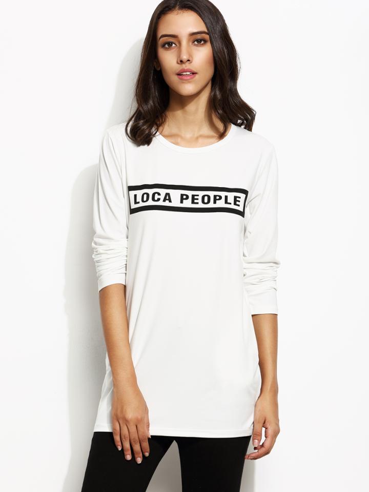 Romwe White Letter Print T-shirt With Pockets