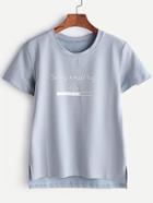 Romwe Blue Letter Print High Low Split Side T-shirt