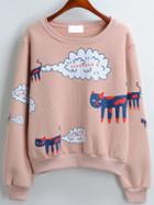 Romwe Cat Print Loose Pink Sweatshirt