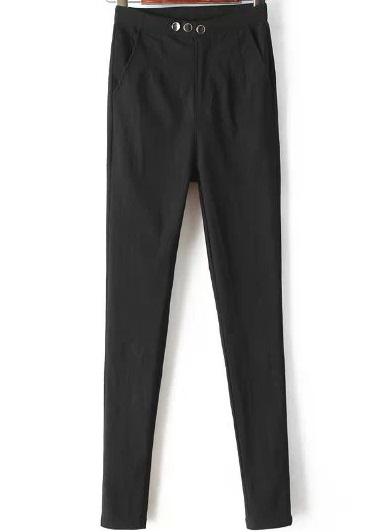 Romwe Buttons Pockets Slim Black Pant