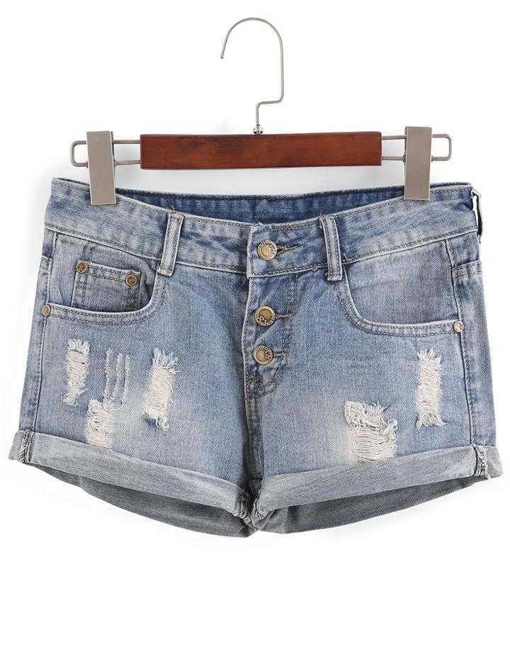 Romwe Single-breasted Ripped Cuffed Denim Shorts