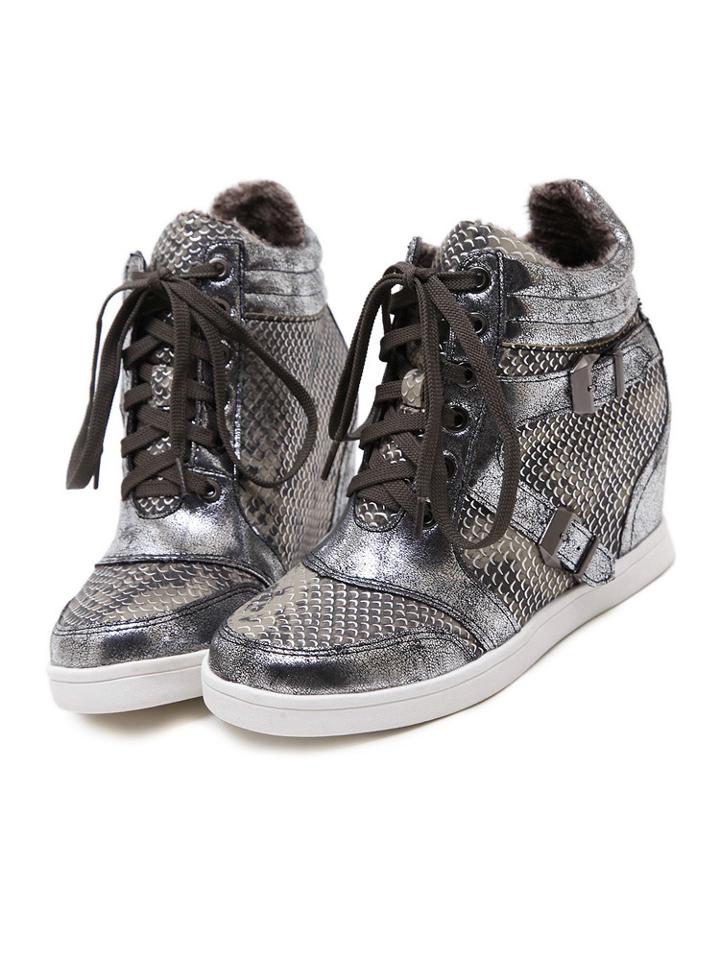 Romwe Silver Buckle Strap Snakeskin Boots