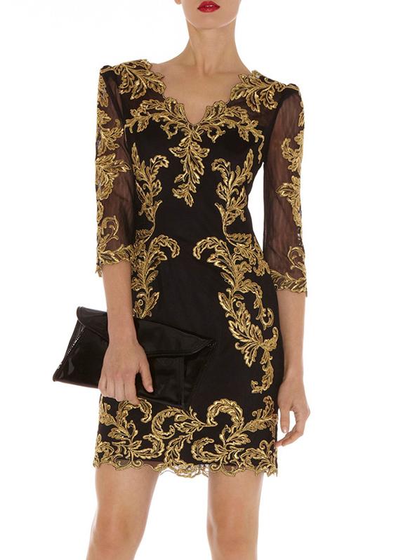 Romwe Black V Neck Embroidered Sheer Mesh Yoke Dress