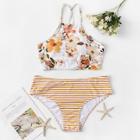 Romwe Plus Floral Criss Cross Top With Striped Bikini
