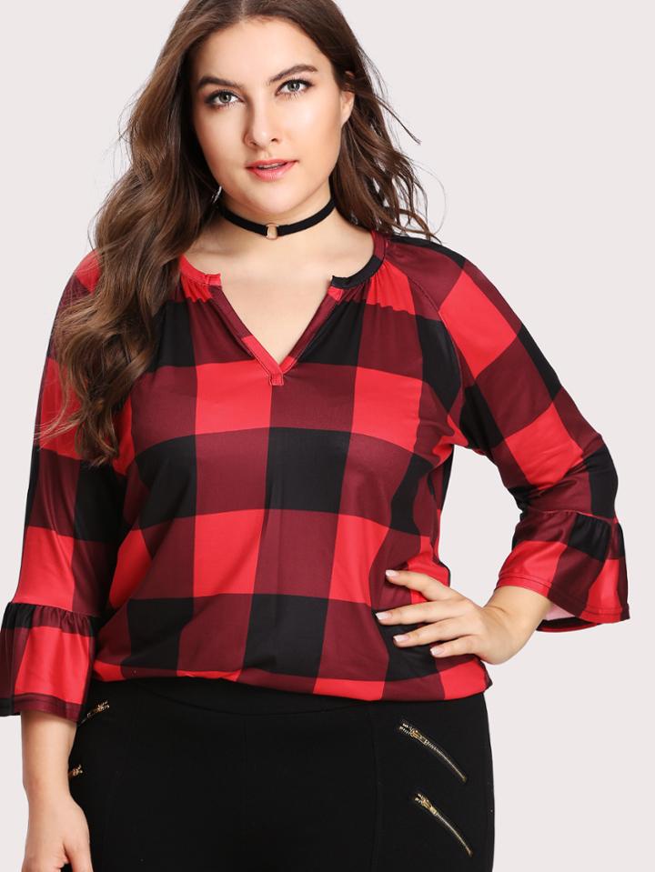 Romwe Check Plaid Flounce Sleeve Tee