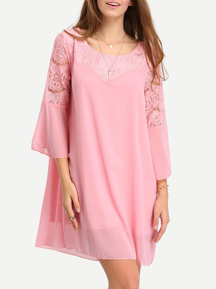 Romwe Lace Insert Bell Sleeve Swing Chiffon Dress - Pink