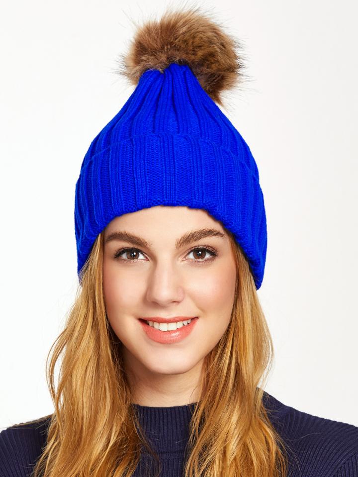 Romwe Royal Blue Pom Pom Ribbed Knit Hat