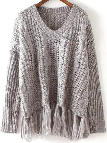 Romwe V Neck With Tassel Sweater