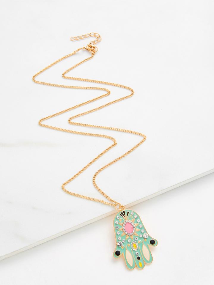 Romwe Rhinestone Palm Pendant Chain Necklace