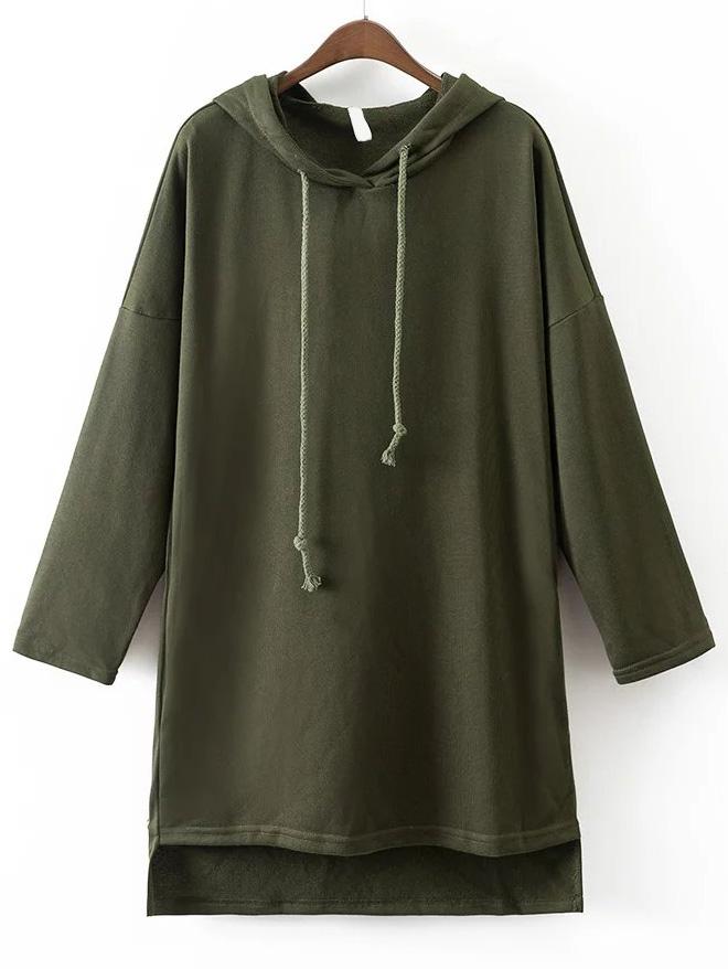 Romwe Army Green Drawstring Hooded Dip Hem Sweatshirt
