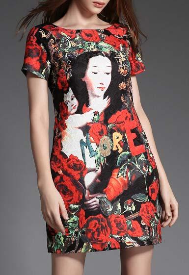 Romwe Red Back V Cut Florals A-line Dress