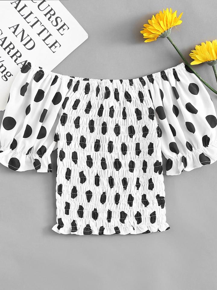 Romwe Off Shoulder Polka Dot Pleated Top