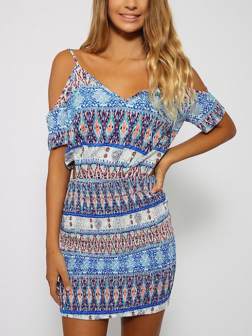 Romwe Cold Shoulder Cutout Tribal Print Dress