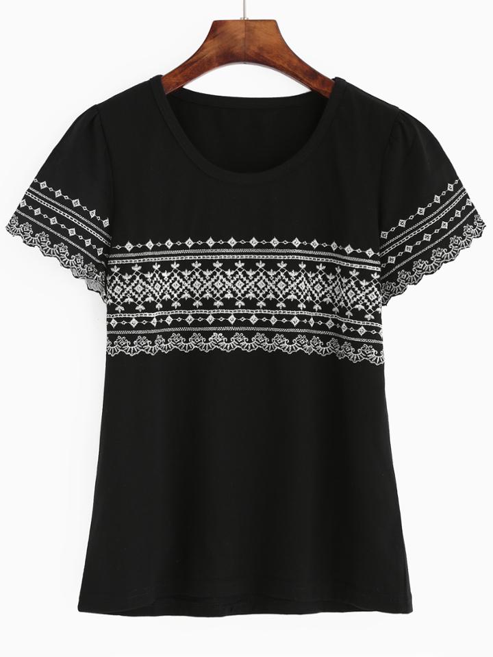Romwe Black Embroidered Short Sleeve T-shirt
