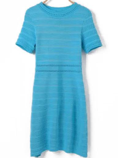 Romwe Short Sleeve Knit Pleated Blue Dress