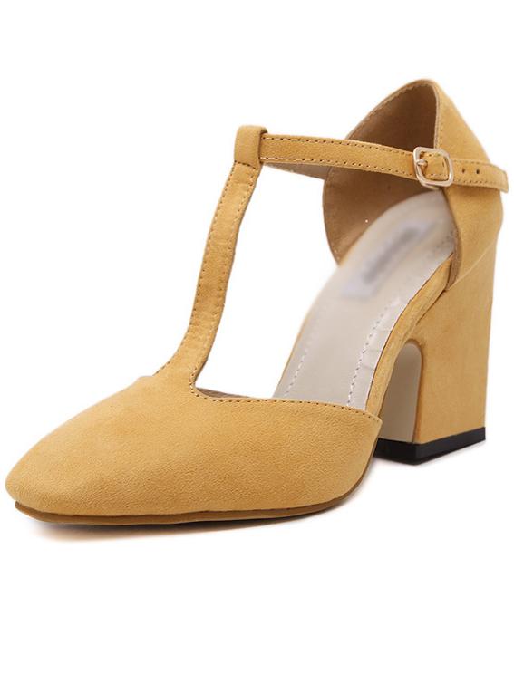 Romwe Yellow Cow Suede T-strap Chunky Heel Pumps