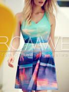 Romwe Blue Sleeveless Digital Print Dress