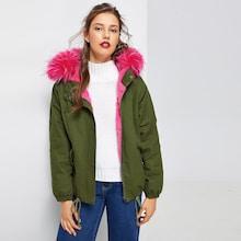 Romwe Faux Fur Contrast Pocket Drawstring Parka Coat