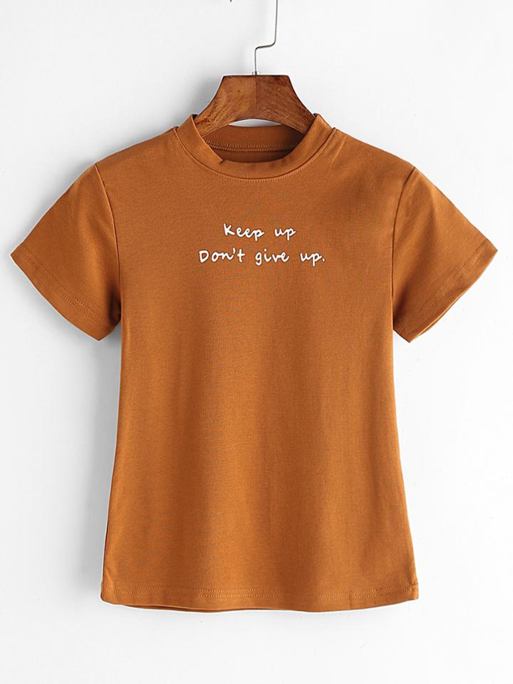 Romwe Khaki Letter Print Mock Neck T-shirt