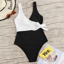 Romwe Cut & Sew Surplice Wrap One Piece Swimsuit