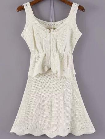 Romwe V Neck Peplum Hem Top With Open-knit Skirt