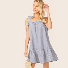 Romwe Knot Shoulder Drop Waist Striped Dress