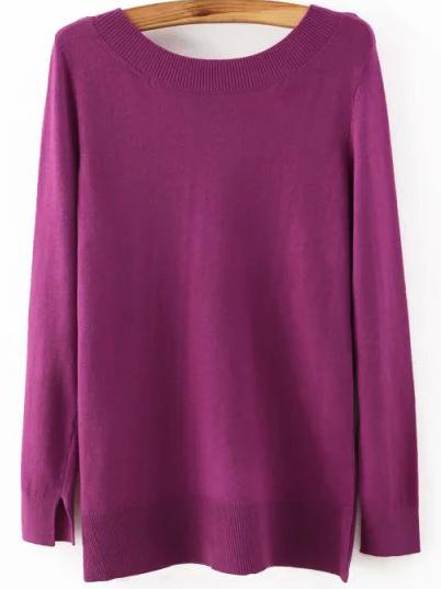 Romwe Chunky Knit Slit Back Purple Coat