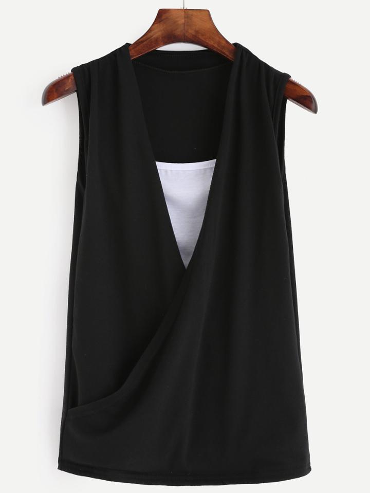 Romwe Black V Neck Wrap Tank Top