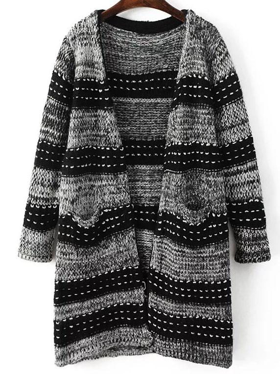 Romwe Grey Stripped Collarless Long Sweater Coat With Pockets