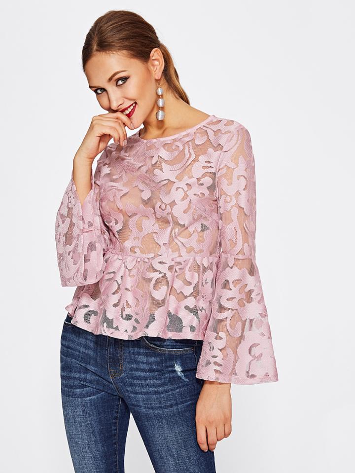 Romwe Bell Sleeve Vine Mesh Peplum Top