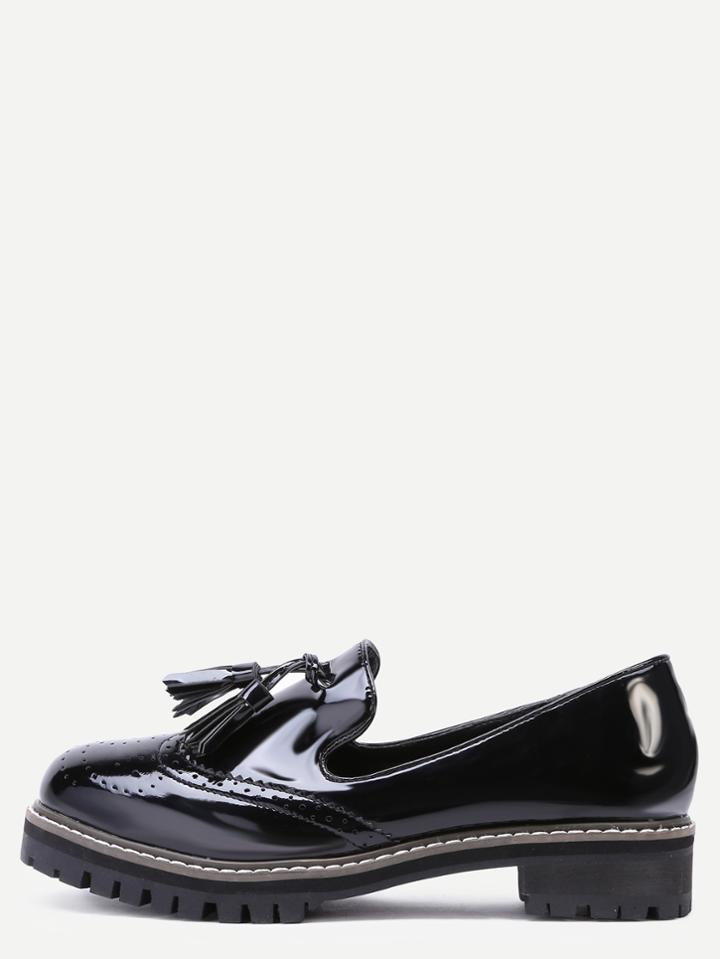 Romwe Black Wingtip Patent Leather Tassel Trim Loafers