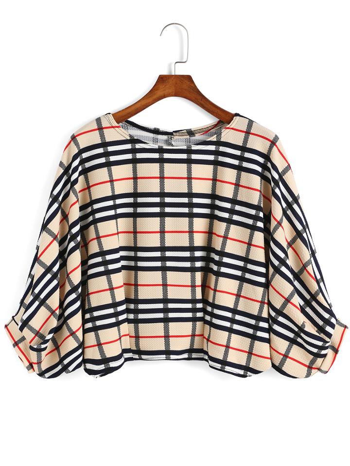 Romwe Bat Sleeve Plaid Crop Top