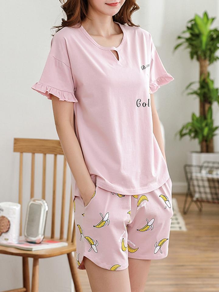 Romwe Banana Print Tee & Shorts Pj Set