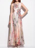 Romwe Multicolor Applique Pouf Print Maxi Dress